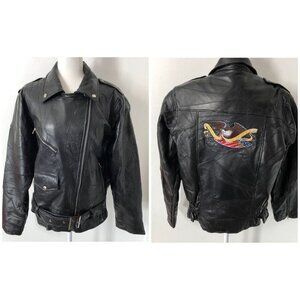 Leather Riding Jacket Mens Large Eagle Patch God Bless America Moto Vintage 80's
